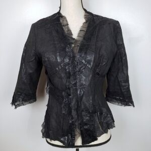 Omai Now or Never Black Coated Flax Linen Chiffon Whimsygoth Blazer Jacket 10